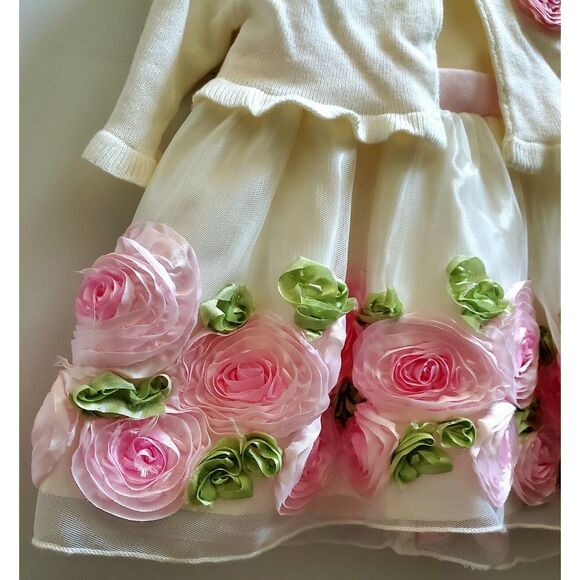 American Princess Dress 6M Tulle Roses-Leaves w/ Matching Cardigan Ivory 60400 - Picture 7 of 14
